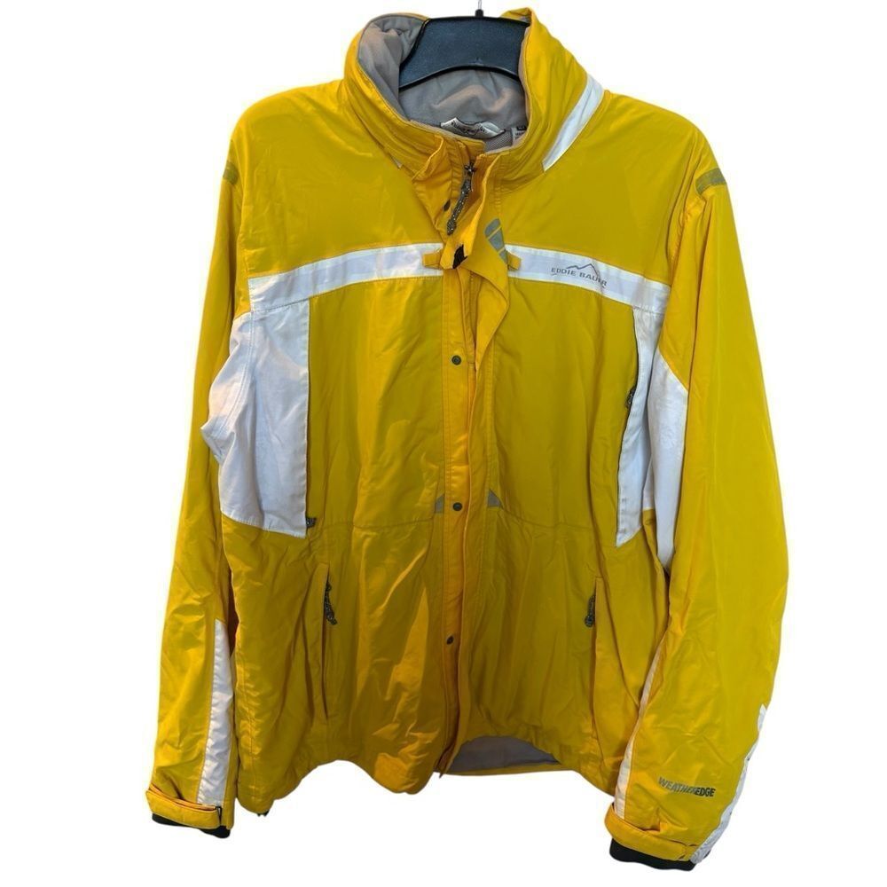 Eddie Bauer Men's Bright Yellow/White trim Hooded Zip Up Rain Jacket Size XLT